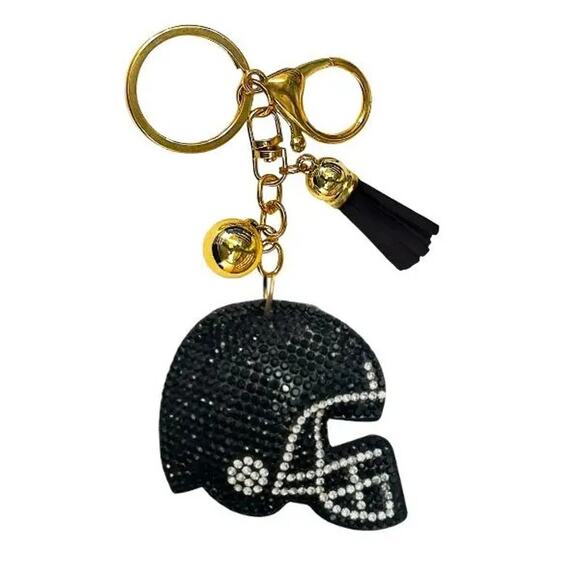 Bling Football Helmet Crystal Keychains Bag Charms Black - Picture 1 of 2